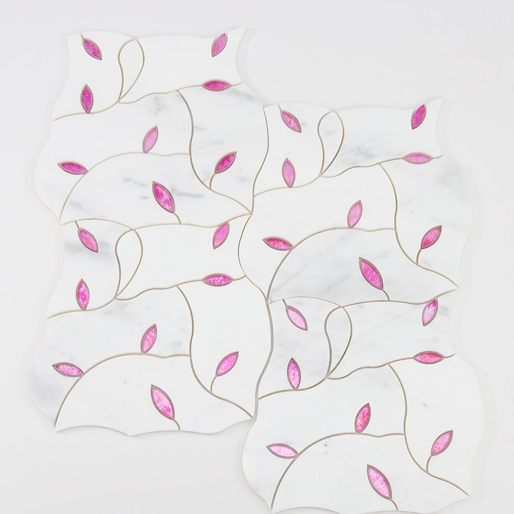 White Marble and Glass Waterjet Mosaic Tile  Curved Pattern Pink Glass — mosaic hoa văn waterjet bằng đá marble trắng & hồng