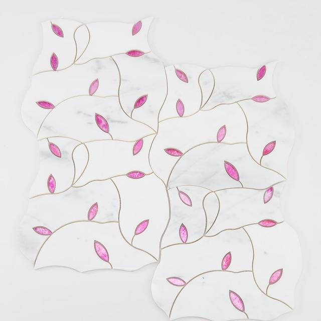 White Marble and Glass Waterjet Mosaic Tile  Curved Pattern Pink Glass — mosaic hoa văn waterjet bằng đá marble trắng & hồng