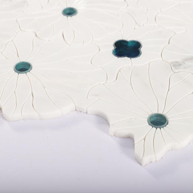 Waterjet Marble with Glass Flower Mosaic Tile — mosaic hoa văn waterjet bằng đá marble tự nhiên
