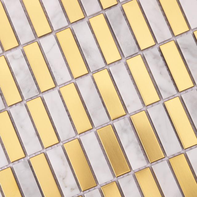 White Marble and Gold Metal Checkerboard Mosaic Tiles — mosaic ghép nghệ thuật bằng đá marble trắng & vàng