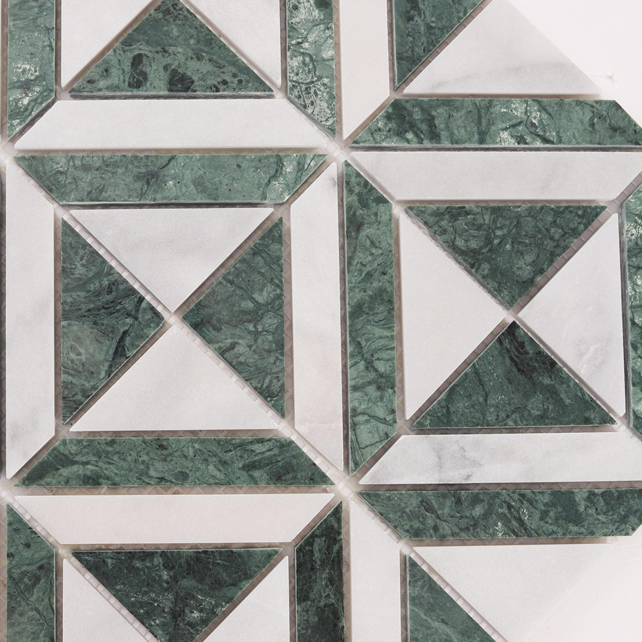 Green and White Triangle Marble Mosaic Tiles — mosaic ghép nghệ thuật bằng đá marble trắng & xanh lục