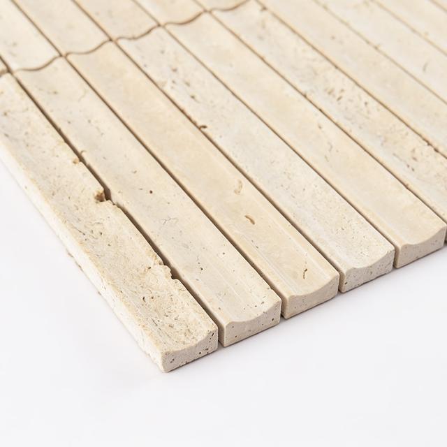 Beige Travertine Stacked Mosaic Curved Fluted Backsplash Tile — mosaic rãnh sọc (fluted) bằng đá travertine beige
