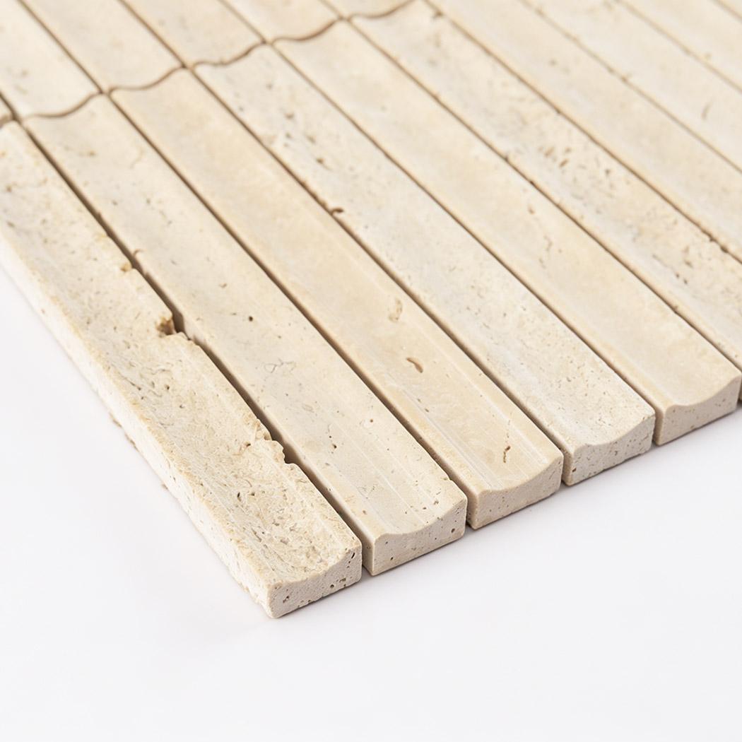 Beige Travertine Stacked Mosaic Curved Fluted Backsplash Tile — mosaic rãnh sọc (fluted) bằng đá travertine beige