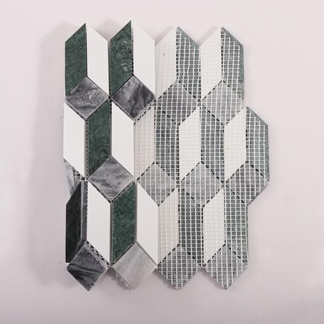 Green and White Picket Marble Mosaic Tiles — mosaic ghép nghệ thuật bằng đá marble trắng & xanh lục