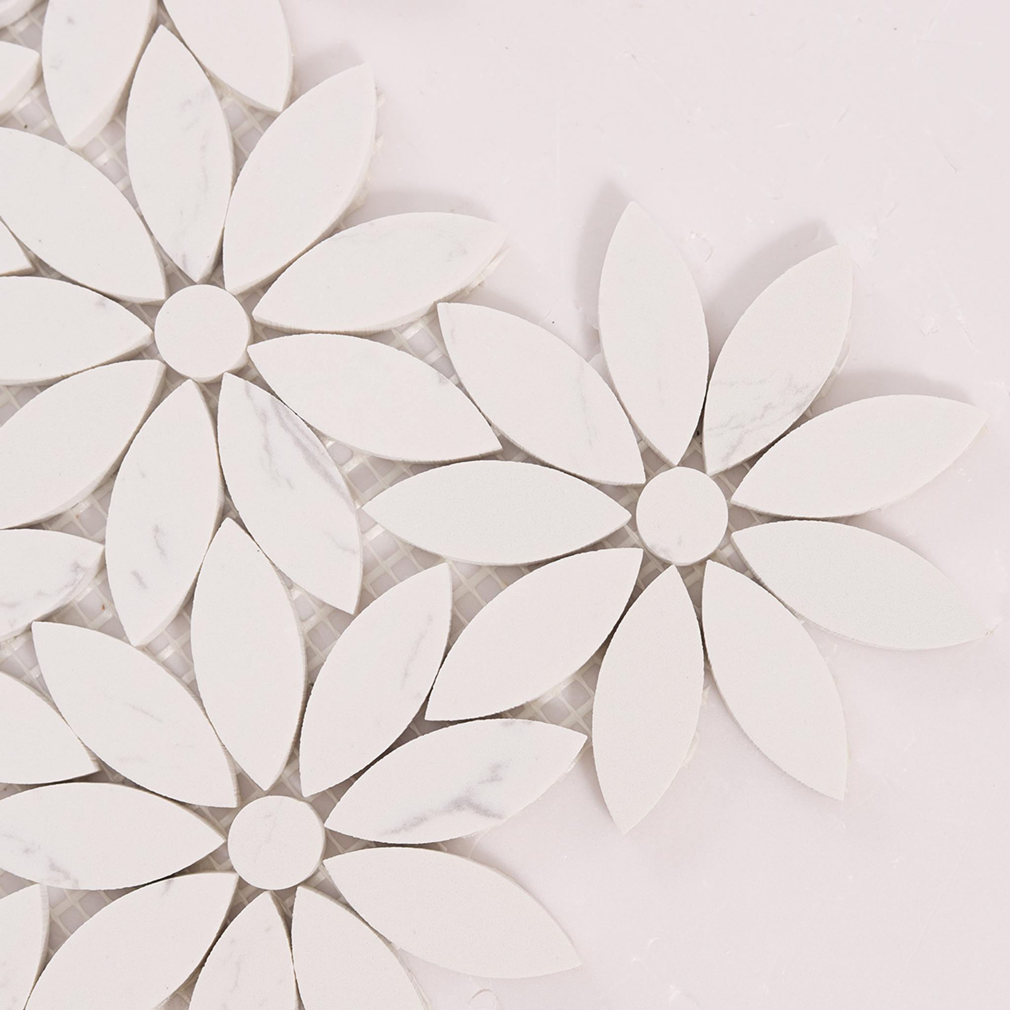 White Daisy Waterjet Artificial Marble Mosaic Tiles — mosaic hoa văn waterjet bằng đá marble trắng