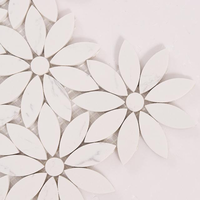 White Daisy Waterjet Artificial Marble Mosaic Tiles — mosaic hoa văn waterjet bằng đá marble trắng