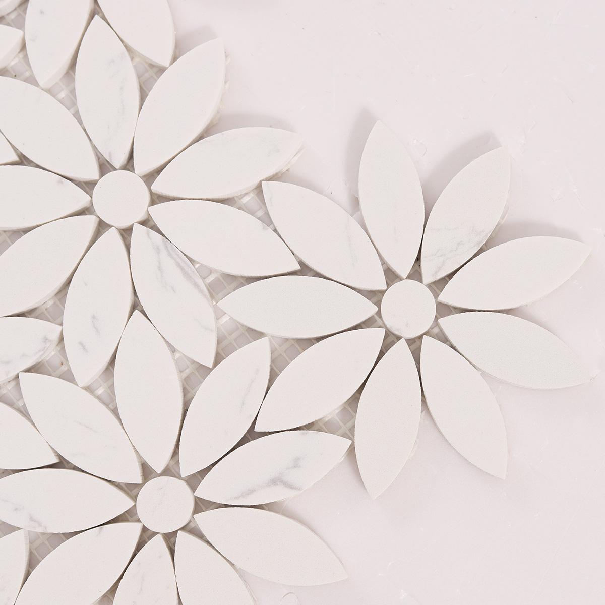 White Daisy Waterjet Artificial Marble Mosaic Tiles — mosaic hoa văn waterjet bằng đá marble trắng
