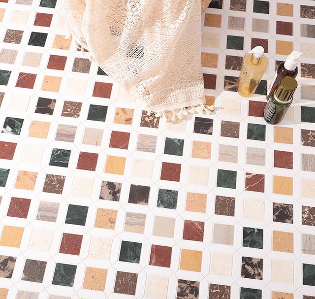 Picket and Square Geometria Multicolor Marble Tile — mosaic vuông bằng đá marble tự nhiên