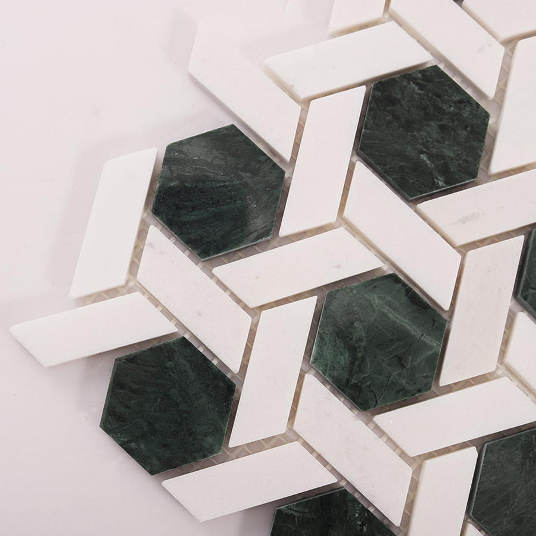 Green and White Lattice Marble Mosaic Tiles — mosaic ghép nghệ thuật bằng đá marble trắng & xanh lục
