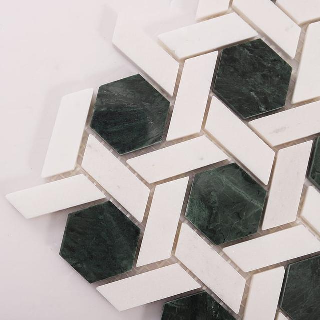 Green and White Lattice Marble Mosaic Tiles — mosaic ghép nghệ thuật bằng đá marble trắng & xanh lục