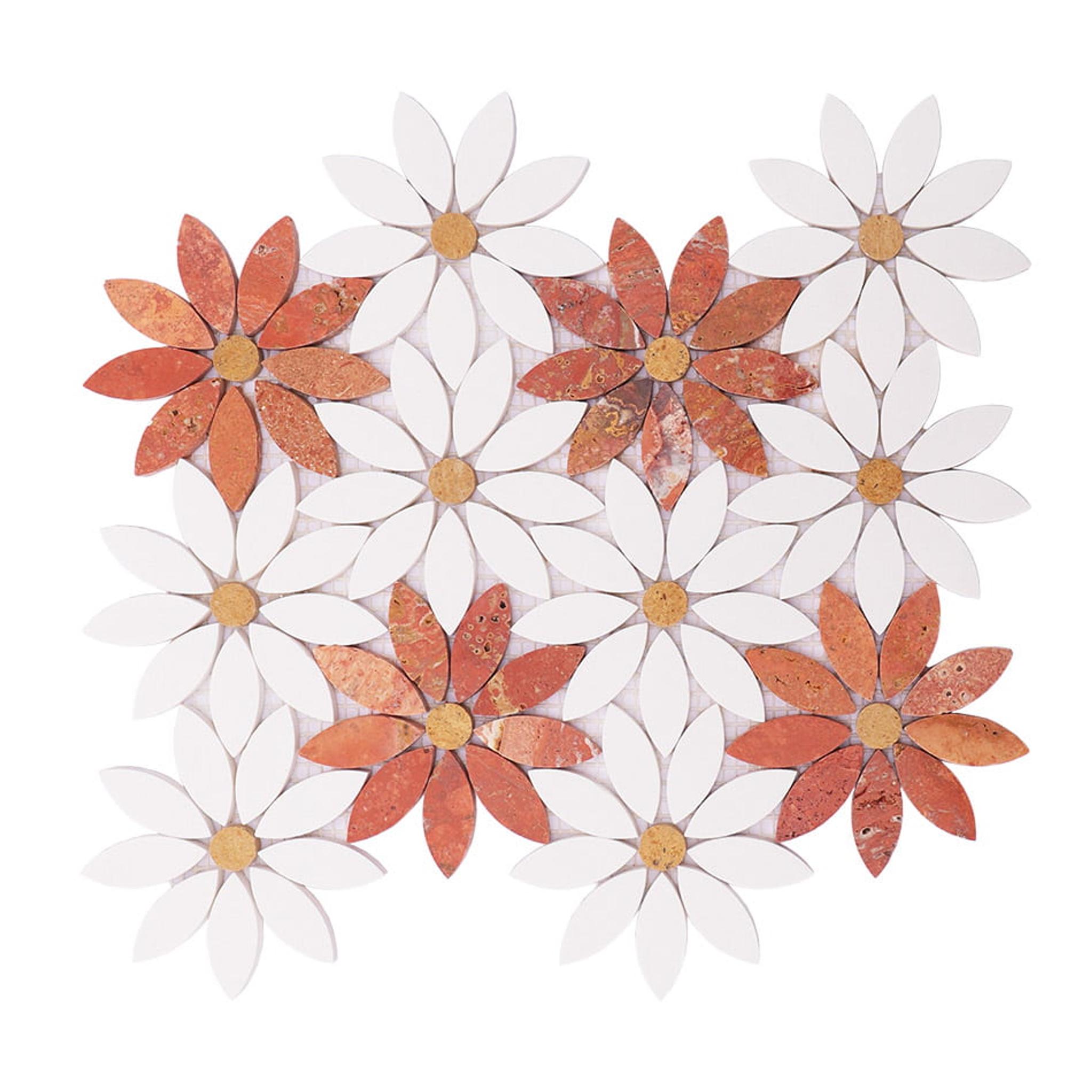 White and Red Daisy Marble Mosaic Tiles — mosaic hoa văn waterjet bằng đá travertine trắng & đỏ