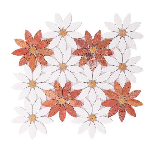 White and Red Daisy Travertine Waterjet Mosaic — Rochelle Rochelle Stone