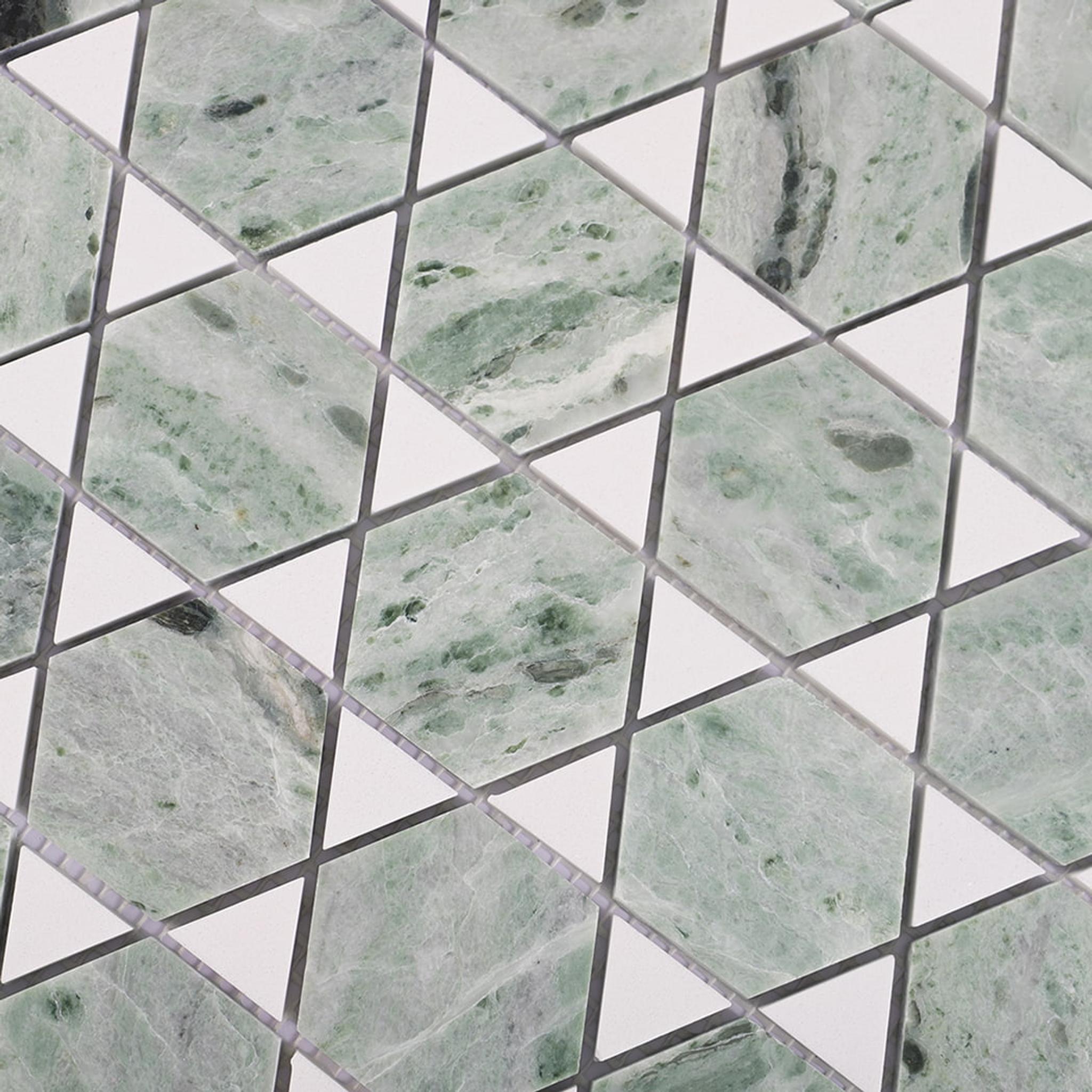 Green and White Geometric Marble Mosaic Tile — mosaic ghép nghệ thuật bằng đá marble trắng & xanh lục