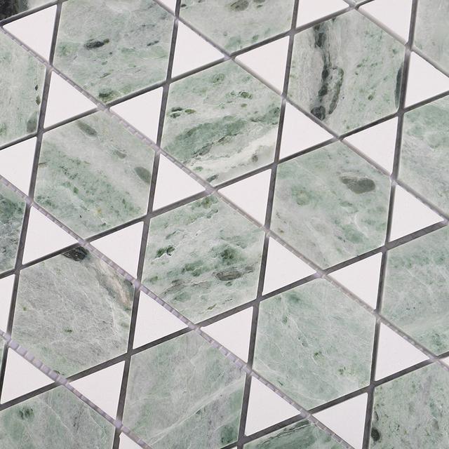 Green and White Geometric Marble Mosaic Tile — mosaic ghép nghệ thuật bằng đá marble trắng & xanh lục