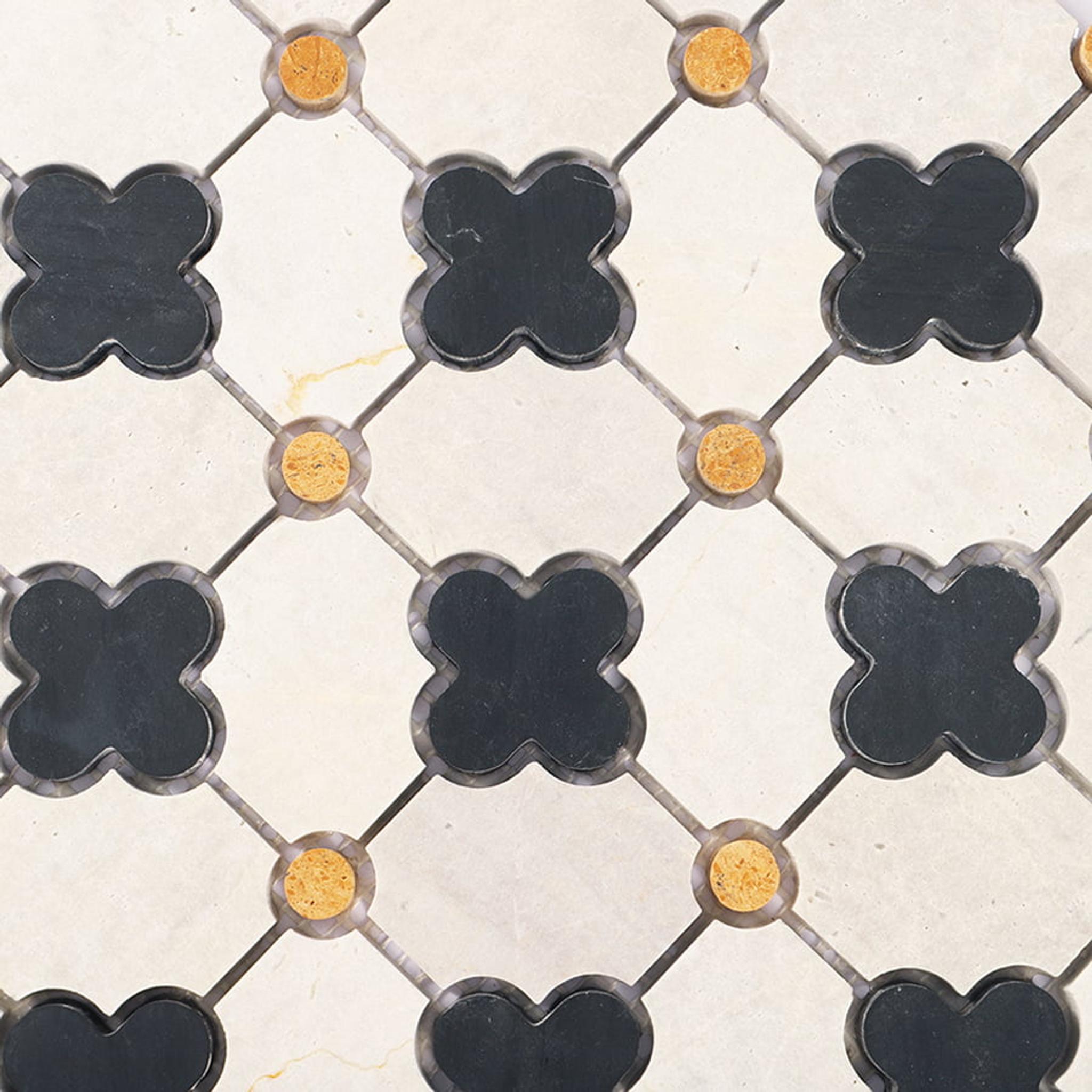 Nero Marquina and Gray Clover Marble Mosaic Tile — mosaic ghép nghệ thuật bằng đá marble xám