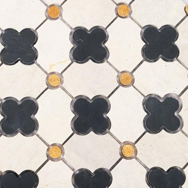 Nero Marquina and Gray Clover Marble Mosaic Tile — mosaic ghép nghệ thuật bằng đá marble xám