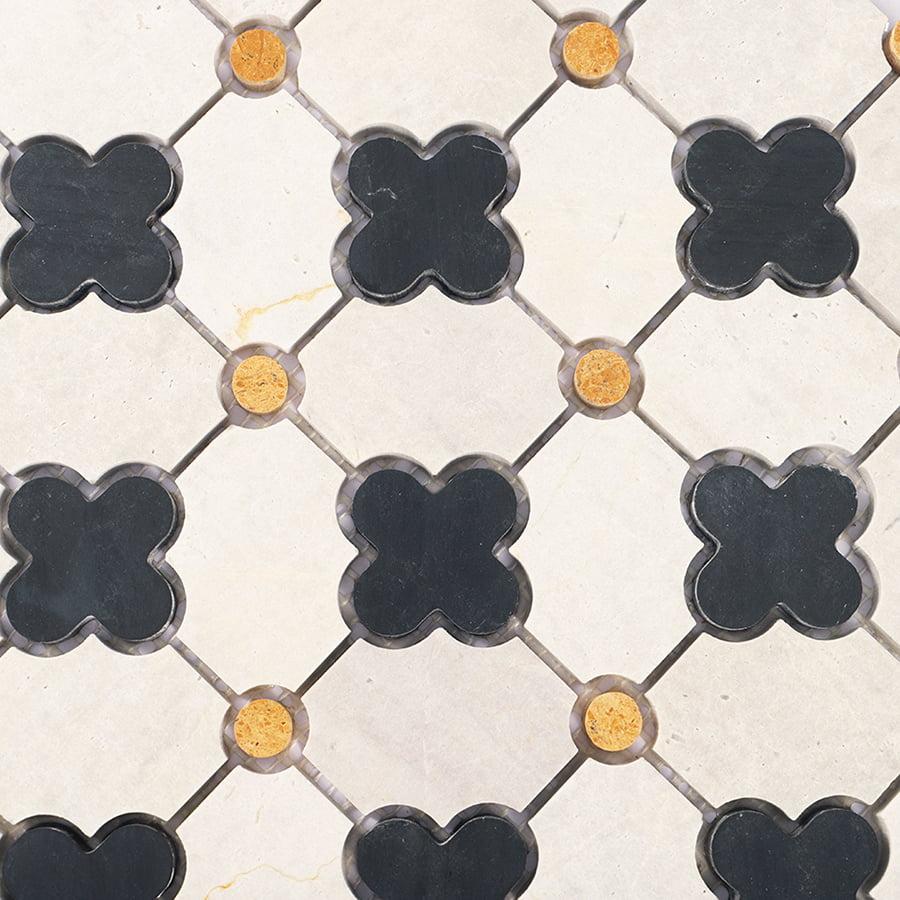 Nero Marquina and Gray Clover Marble Mosaic Tile — mosaic ghép nghệ thuật bằng đá marble xám