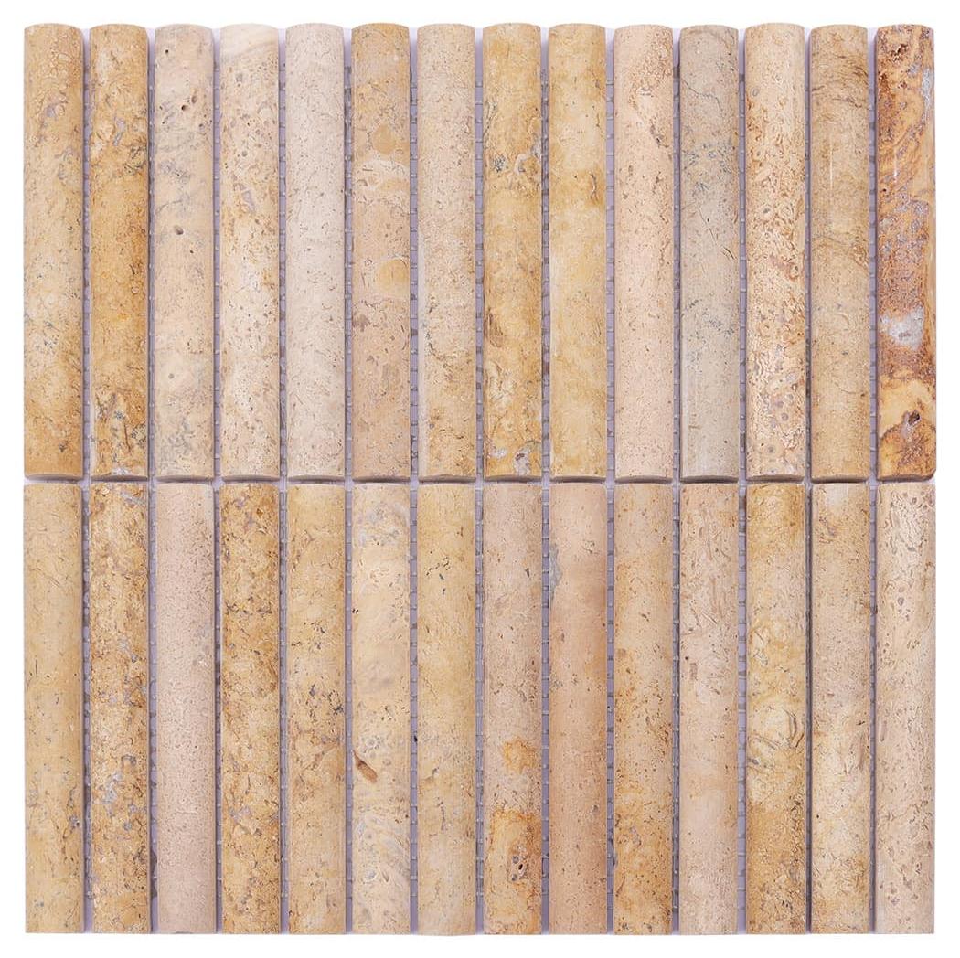 Beige 3D Fluted Travertine Mosaic Bathroom Stone Tile — mosaic rãnh sọc (fluted) bằng đá travertine beige
