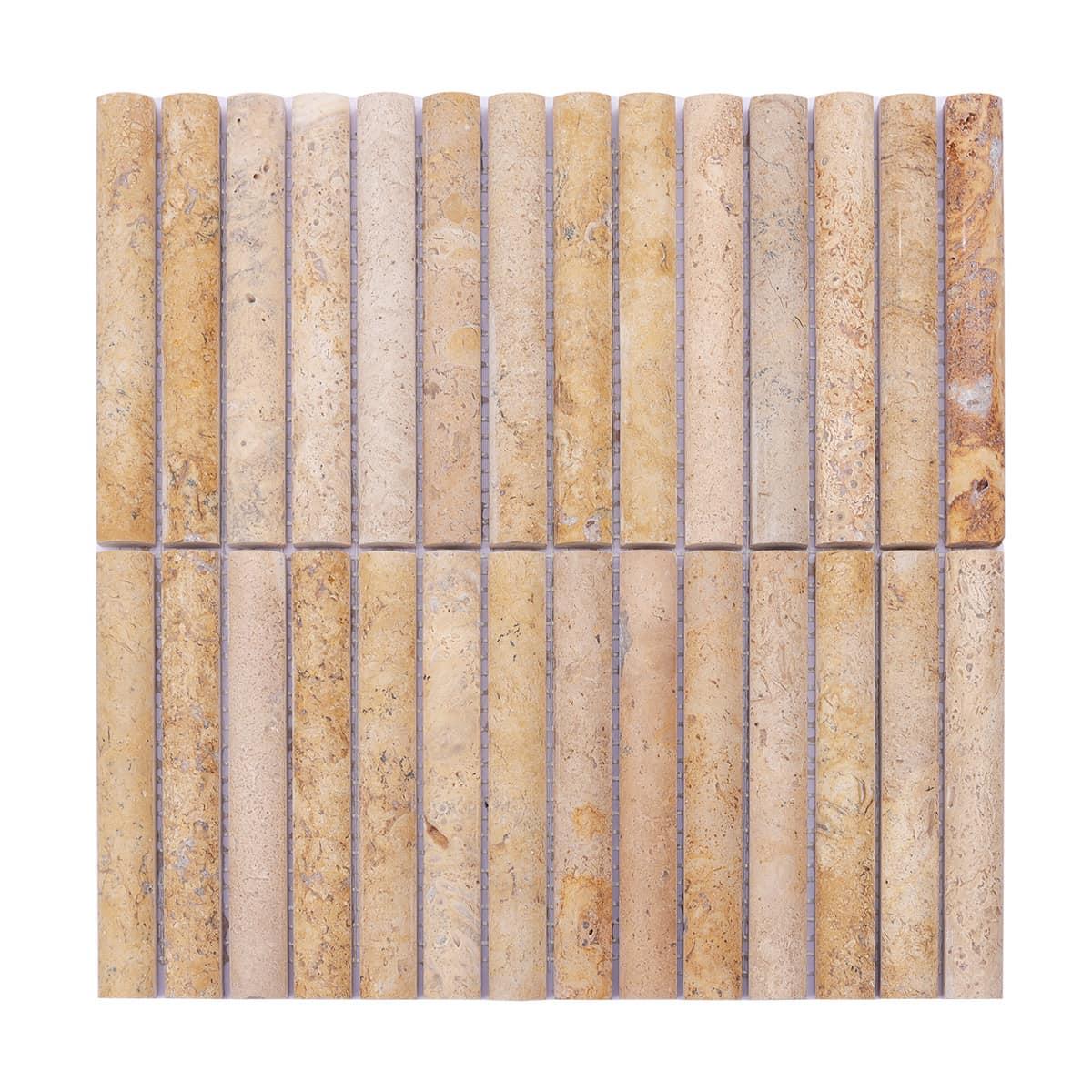 Beige 3D Fluted Travertine Mosaic Bathroom Stone Tile — mosaic rãnh sọc (fluted) bằng đá travertine beige