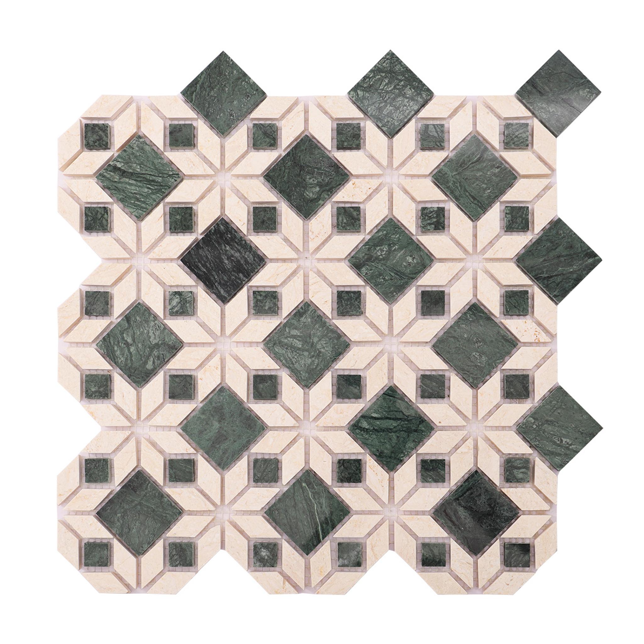 Green and Beige Marble Flower Mosaic Natural Stone Tiles — mosaic hoa văn waterjet bằng đá marble xanh lục & beige
