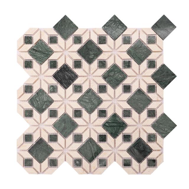Green and Beige Marble Flower Mosaic Natural Stone Tiles — mosaic hoa văn waterjet bằng đá marble xanh lục & beige