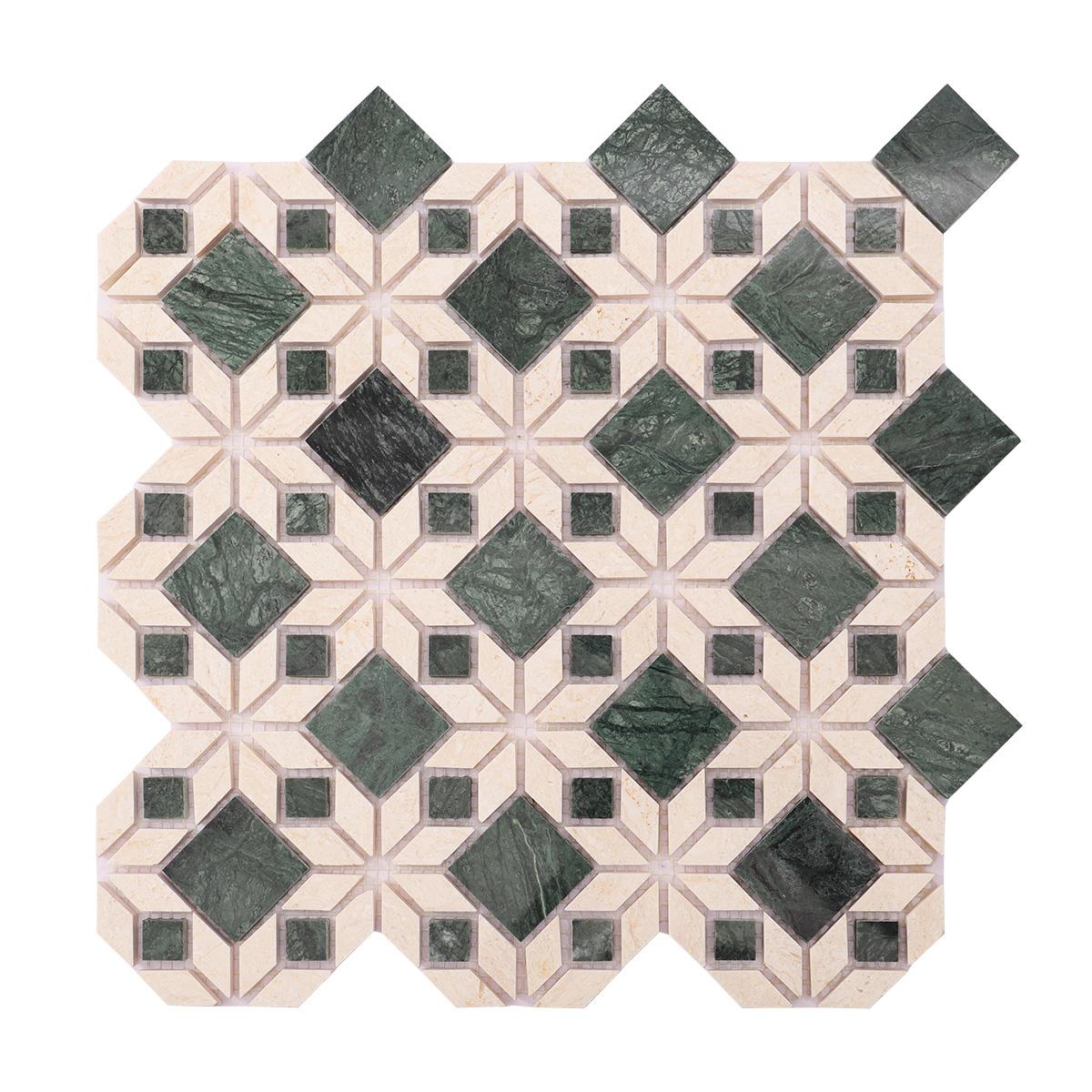 Green and Beige Marble Flower Mosaic Natural Stone Tiles — mosaic hoa văn waterjet bằng đá marble xanh lục & beige