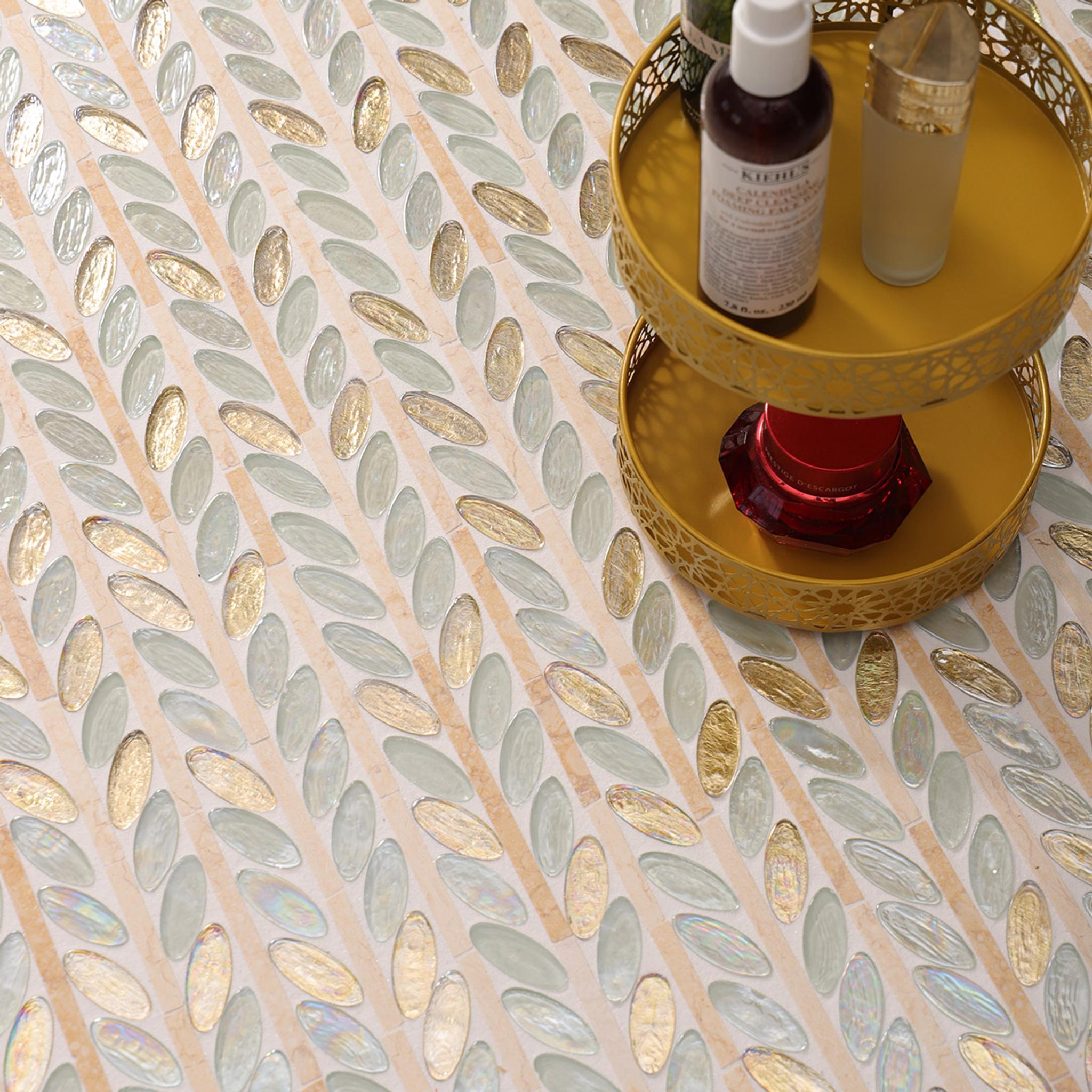 Glass and Marble Oval Leaf Mosaic Tiles — mosaic ghép nghệ thuật bằng đá marble đỏ