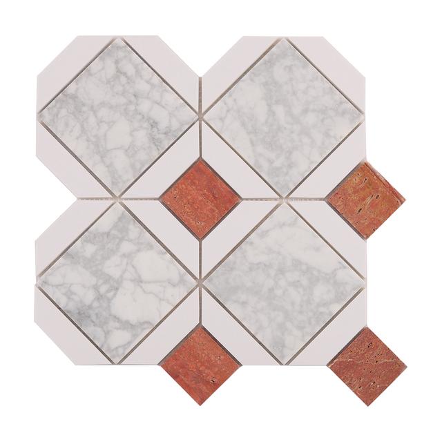 Octagon White Marble and Red Travertine Mosaic Tiles — Rochelle Rochelle Stone