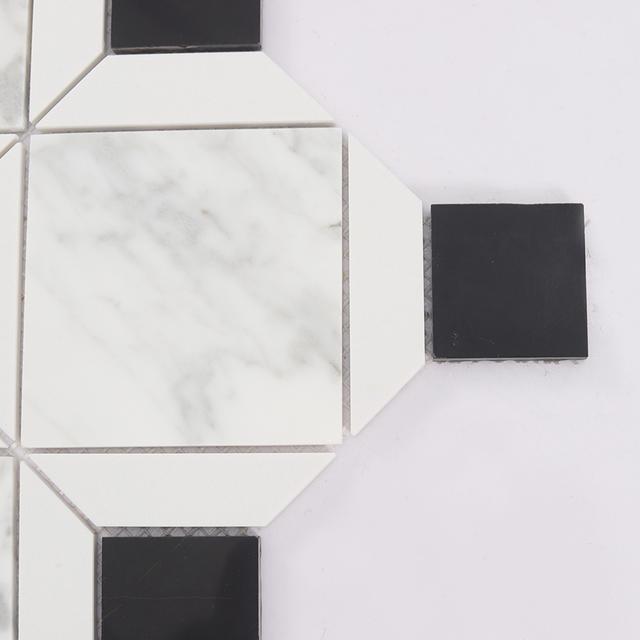 White Marble Geometric Mosaic Tile with Black Square Accents — mosaic vuông bằng đá marble đen & trắng