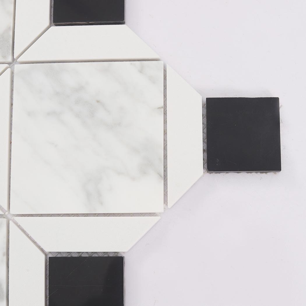 White Marble Geometric Mosaic Tile with Black Square Accents — mosaic vuông bằng đá marble đen & trắng