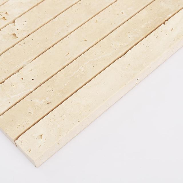 Beige Travertine Fluted Mosaic Wall Tile for Kitchen and Bathroom — mosaic rãnh sọc (fluted) bằng đá travertine beige
