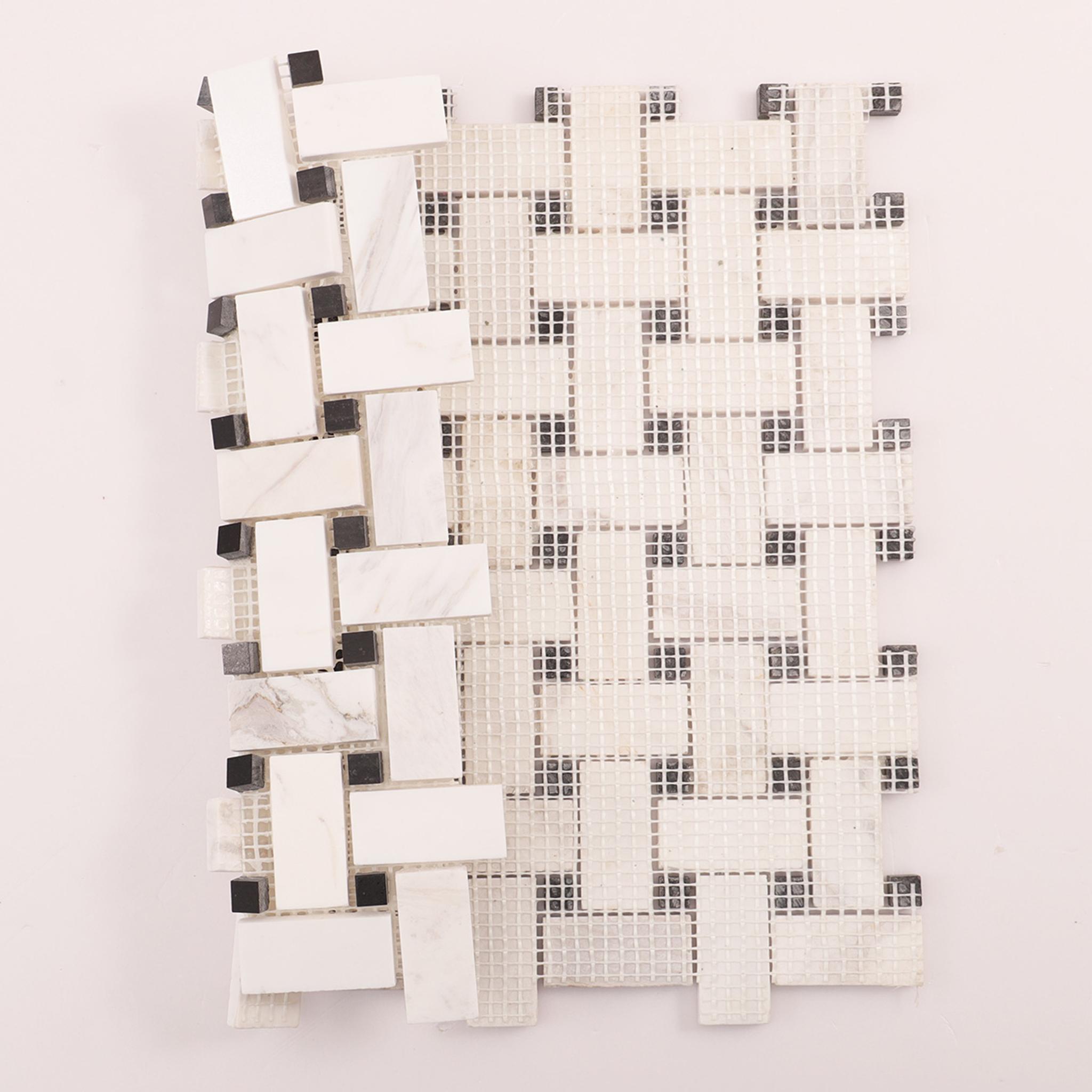White & Black Basketweave Marble Mosaic Floor Tiles — mosaic đan rổ (basketweave) bằng đá marble đen & trắng