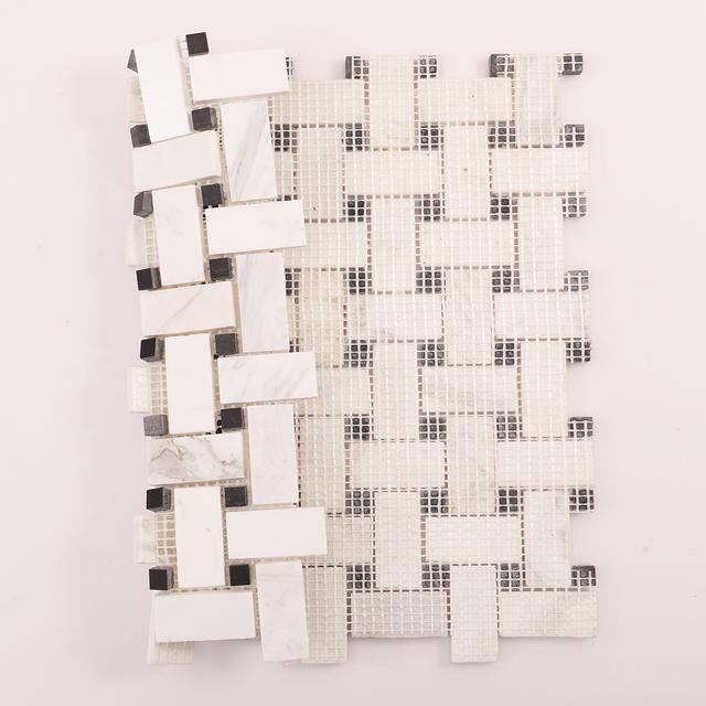White & Black Basketweave Marble Mosaic Floor Tiles — mosaic đan rổ (basketweave) bằng đá marble đen & trắng