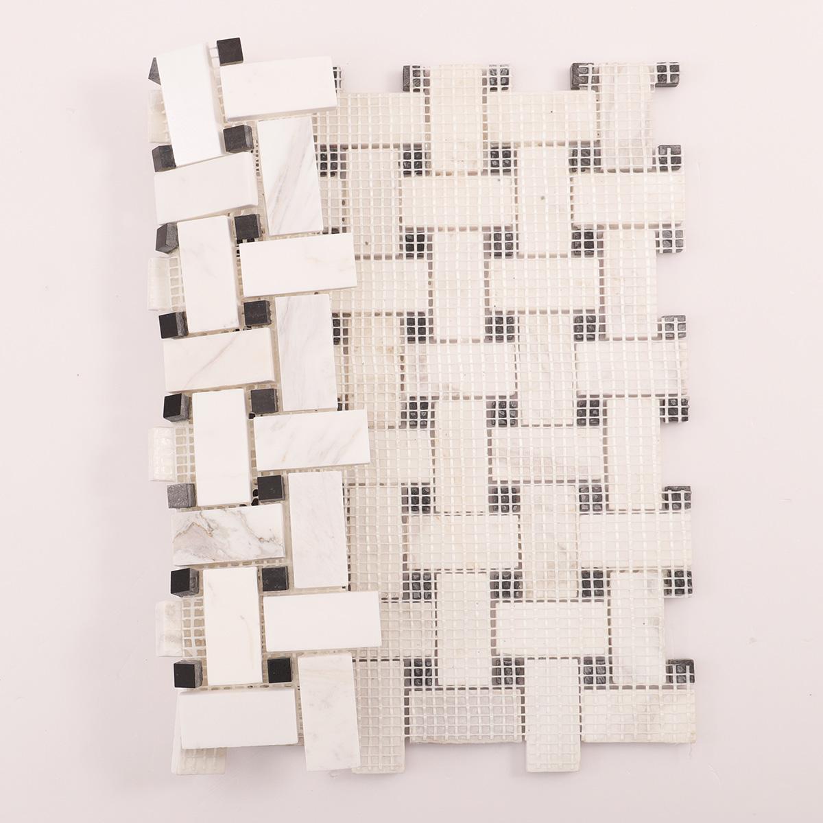 White & Black Basketweave Marble Mosaic Floor Tiles — mosaic đan rổ (basketweave) bằng đá marble đen & trắng