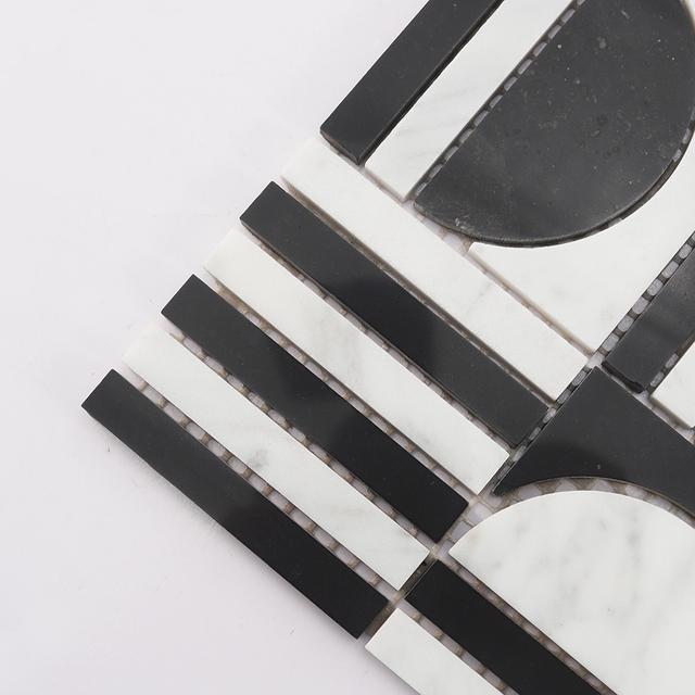Black and White Geometric Marble Tile — mosaic ghép nghệ thuật bằng đá marble đen & trắng
