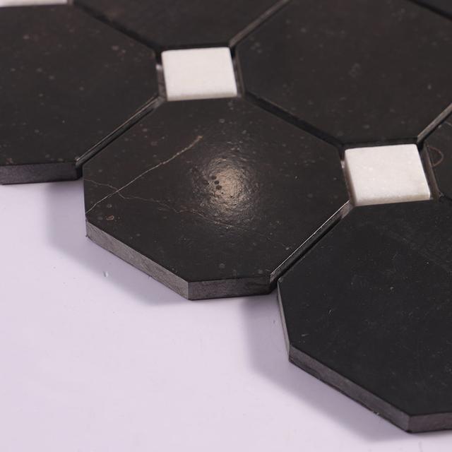 Black Octagon Marble With White Dot Mosaic floor Tile — mosaic ghép nghệ thuật bằng đá marble đen & trắng