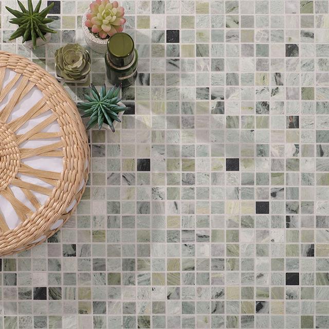 Envy Green Square Marble Mosaic Tiles — mosaic vuông bằng đá marble xanh lục & đỏ