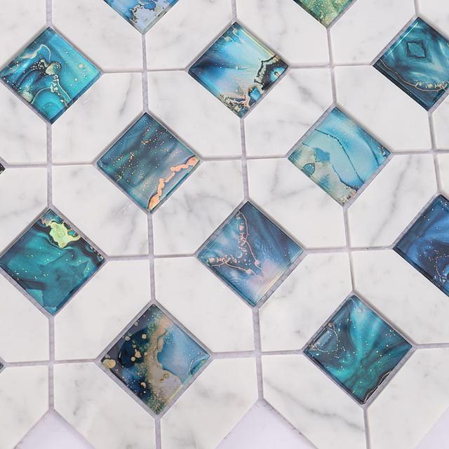Blue Glass and White Marble Mosaic Tile — mosaic ghép nghệ thuật bằng đá marble trắng & xanh dương