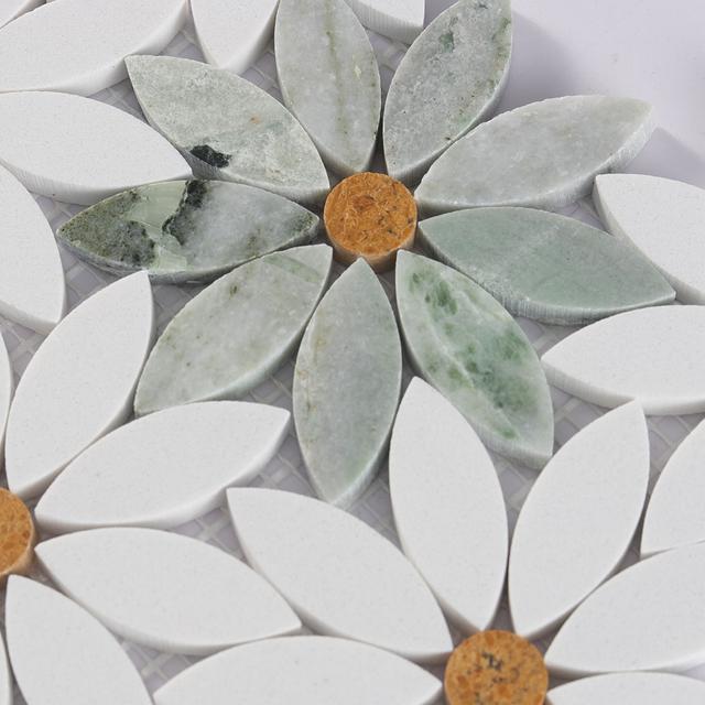 White and Green Daisy Flower Marble Tile Backsplash and Floor Mosaic — mosaic hoa văn waterjet bằng đá marble trắng & xanh lục
