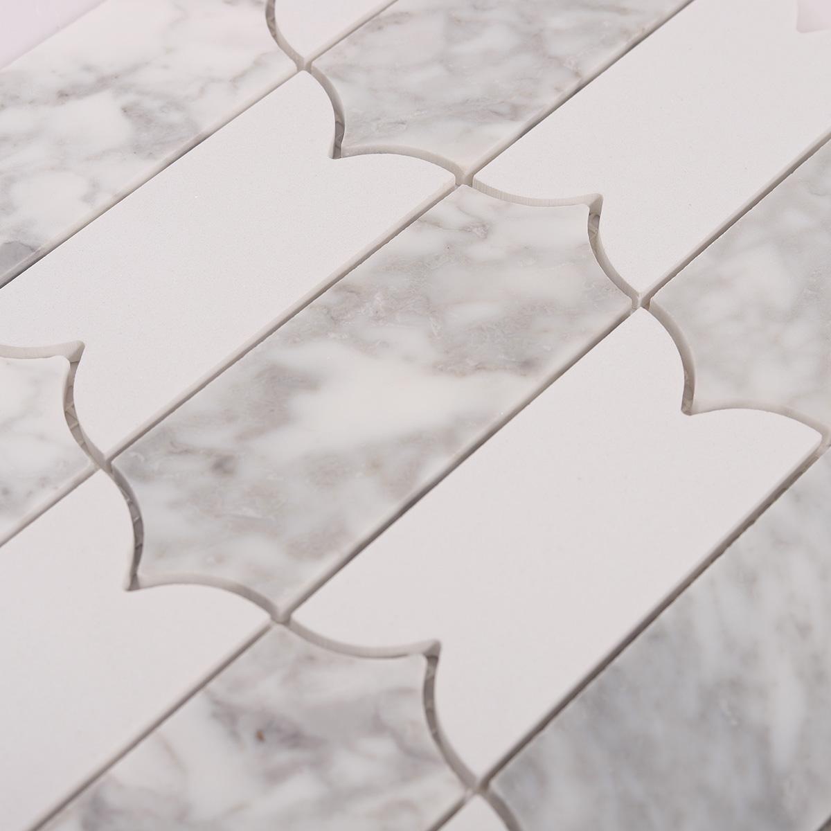 Scalloped Long Arabesque Mosaic Tile — mosaic vảy cá (fish scale) bằng đá marble trắng & trắng Carrara