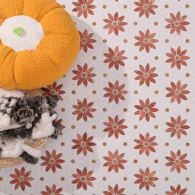 White and Red Daisy Marble Mosaic Tiles — mosaic hoa văn waterjet bằng đá travertine trắng & đỏ