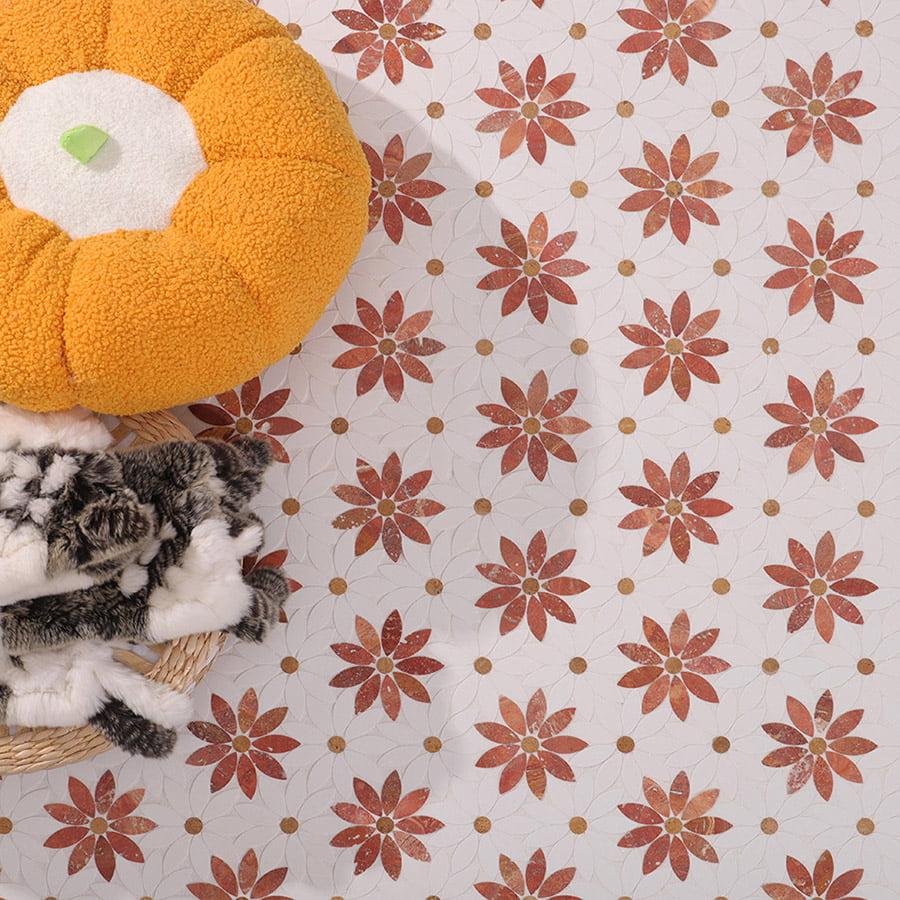 White and Red Daisy Marble Mosaic Tiles — mosaic hoa văn waterjet bằng đá travertine trắng & đỏ