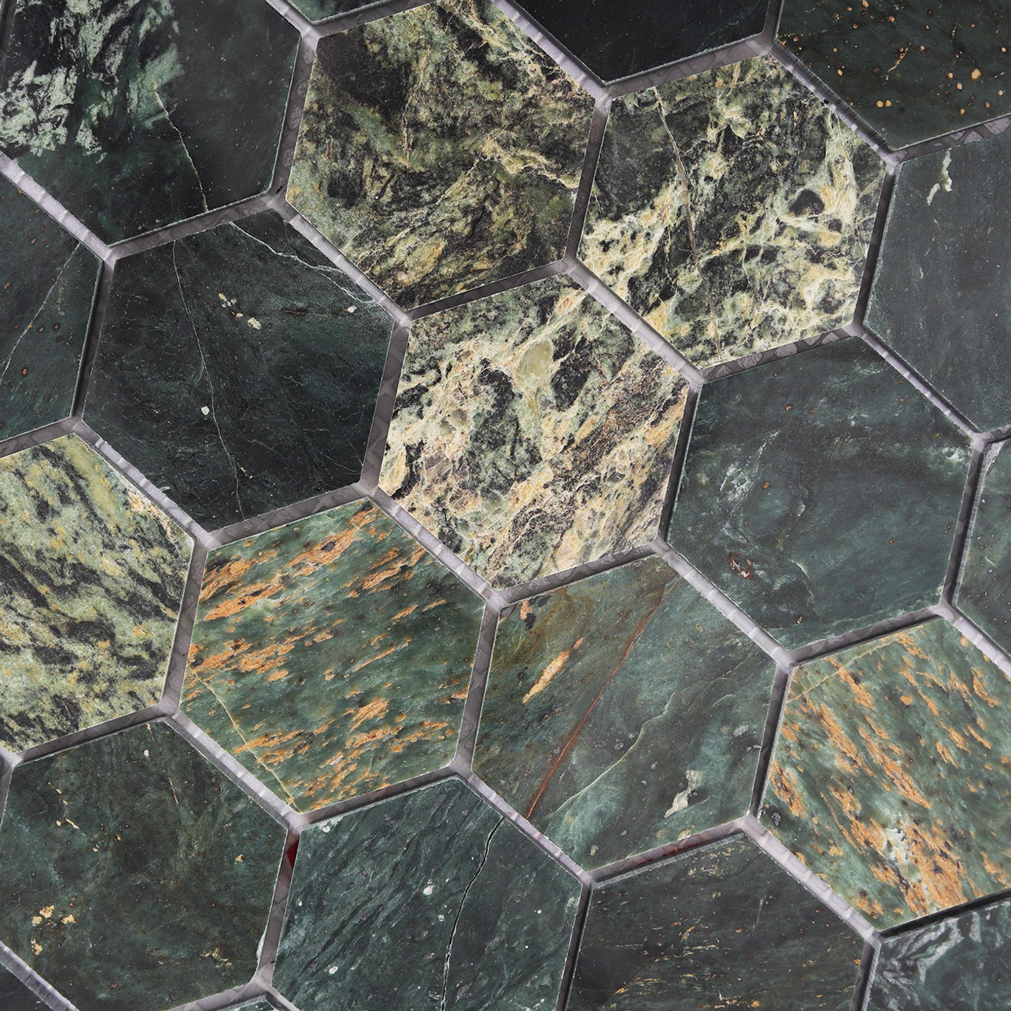 Indian Green Hexagon Natural Marble Mosaic Tile — mosaic lục giác bằng đá marble xanh lục