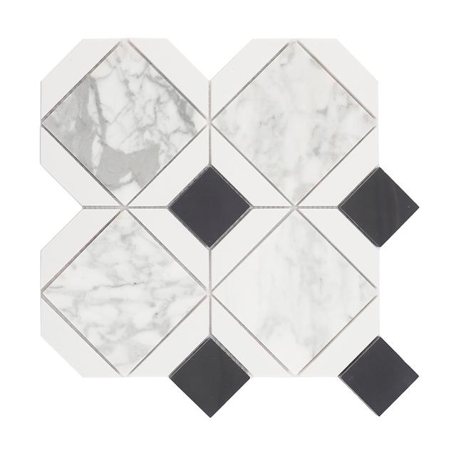White Marble Geometric Mosaic Tile with Black Square Accents — mosaic vuông bằng đá marble đen & trắng