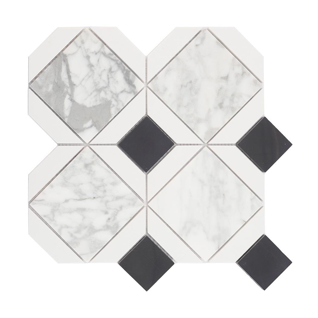 White Marble Geometric Mosaic Tile with Black Square Accents — mosaic vuông bằng đá marble đen & trắng