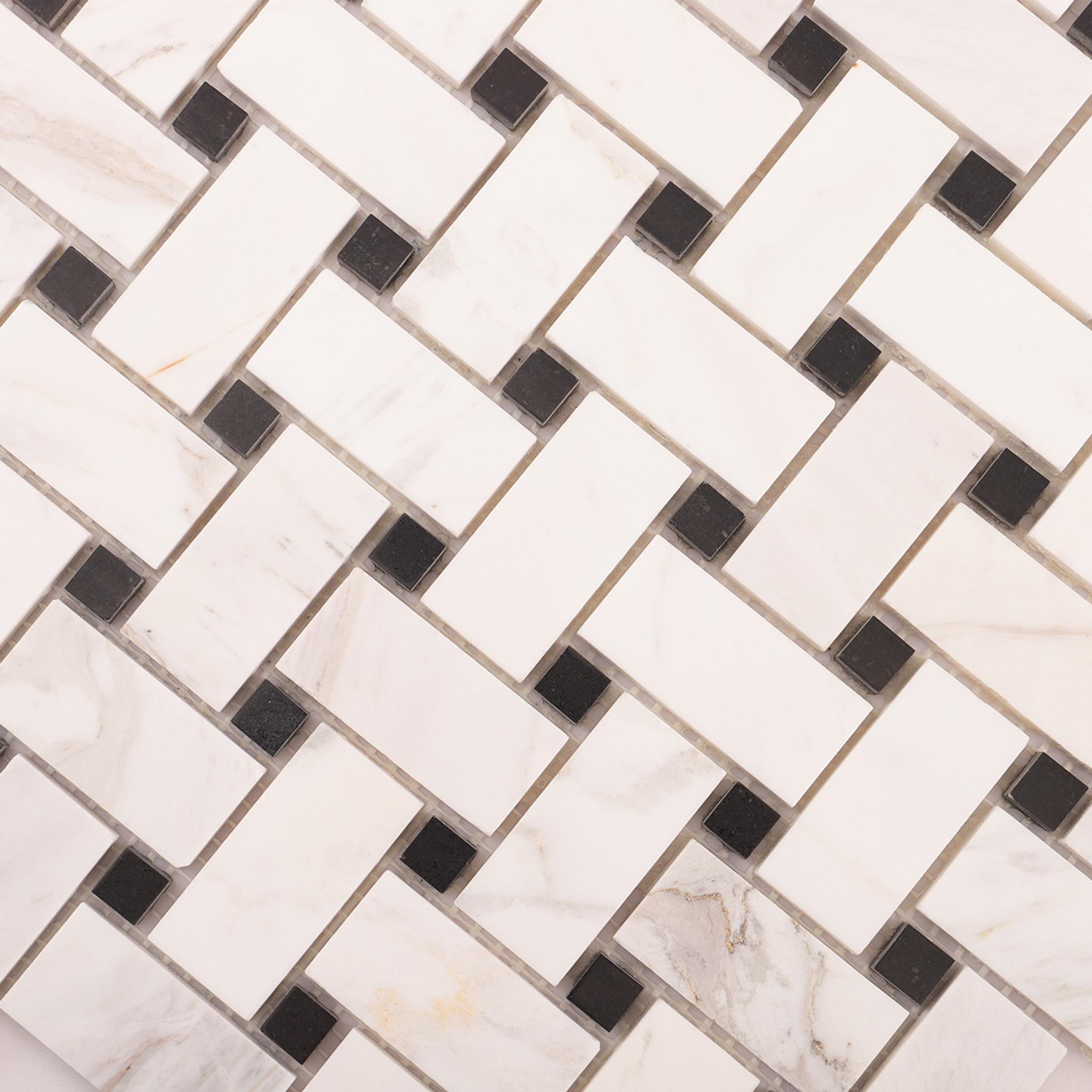 White & Black Basketweave Marble Mosaic Floor Tiles — mosaic đan rổ (basketweave) bằng đá marble đen & trắng