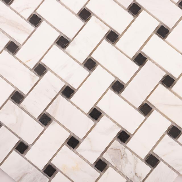 White & Black Basketweave Marble Mosaic Floor Tiles — mosaic đan rổ (basketweave) bằng đá marble đen & trắng