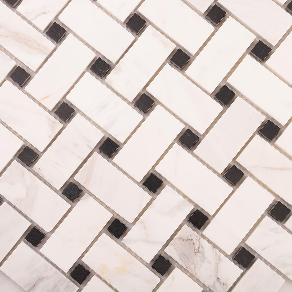 White & Black Basketweave Marble Mosaic Floor Tiles — mosaic đan rổ (basketweave) bằng đá marble đen & trắng