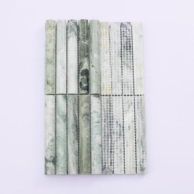 Emerald Green Fluted Marble Mosaic Wall Tile — mosaic rãnh sọc (fluted) bằng đá marble xanh lục