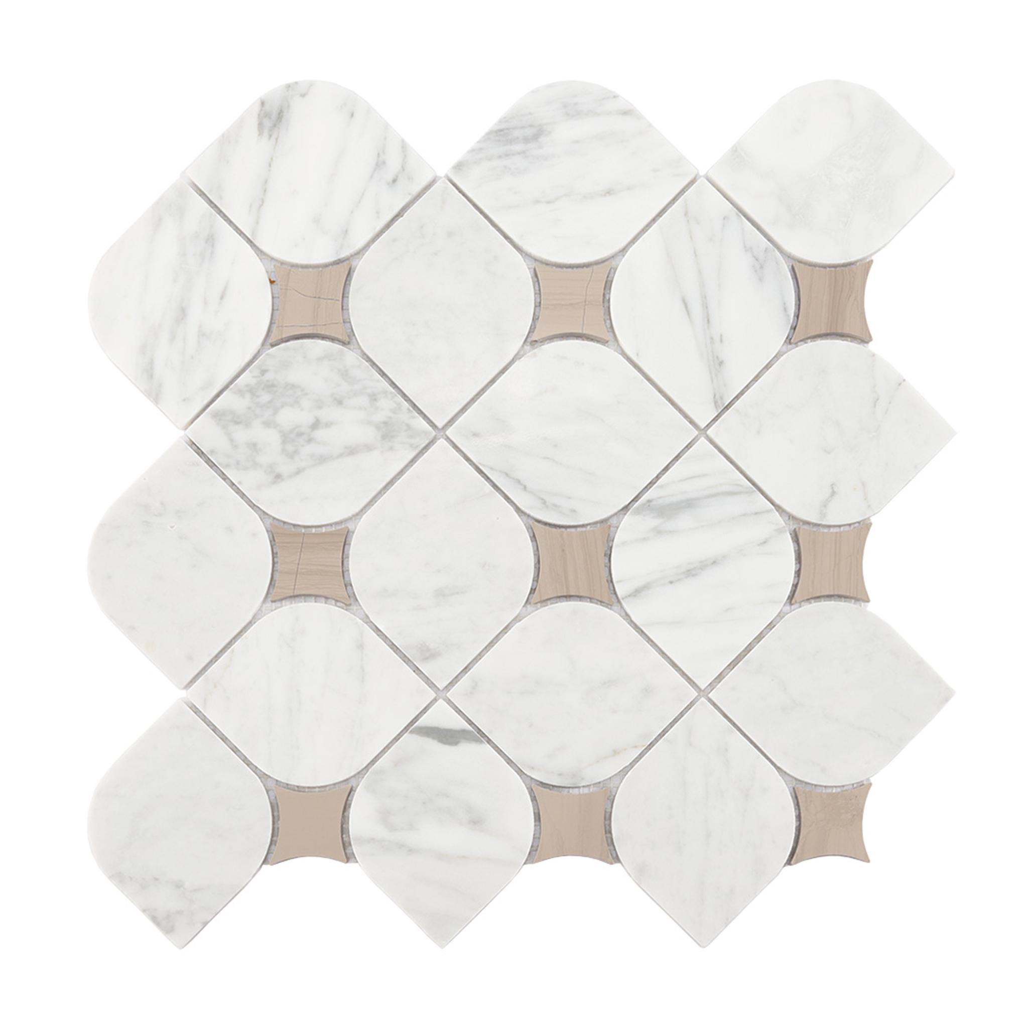 White Arabesque Marble Mosaic Tile with Beige Star Accents — mosaic arabesque bằng đá marble trắng & beige